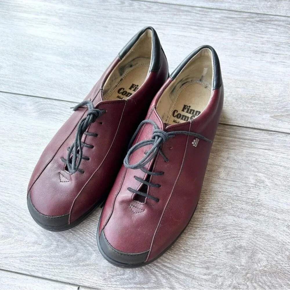 FINN COMFORT Dijon Burgundy/Red Leather Lace  Up Loafers Made In Germany